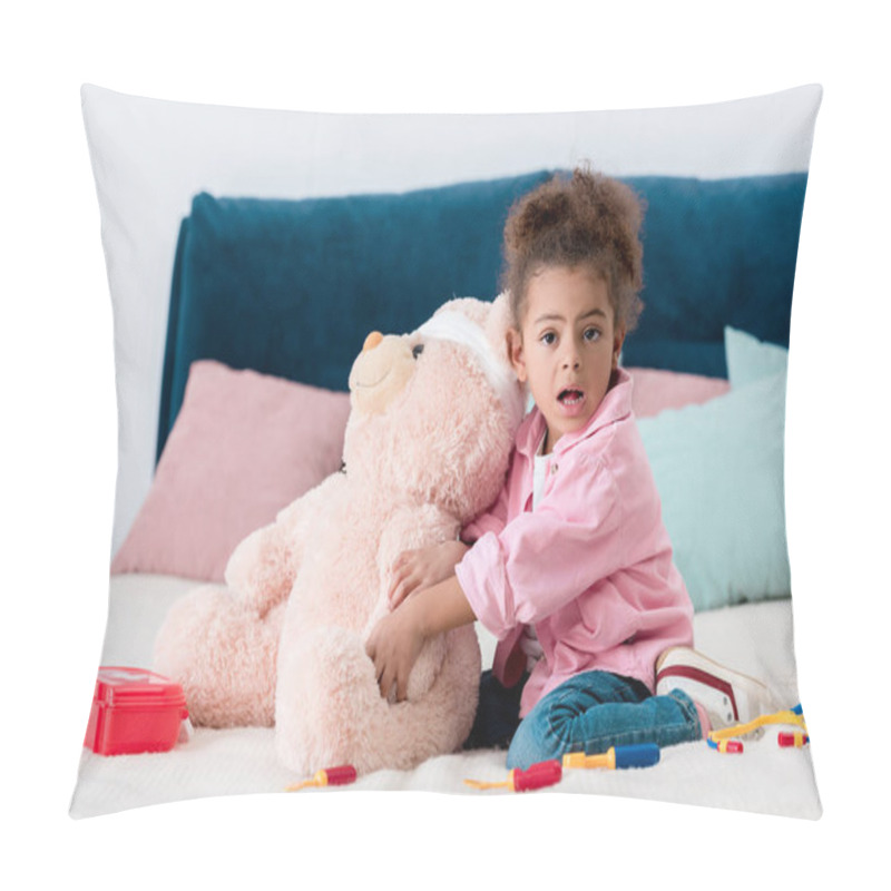 Personality  Little African American Child In Pink Jacket Playing The Doctor  With Teddy Bear  Pillow Covers