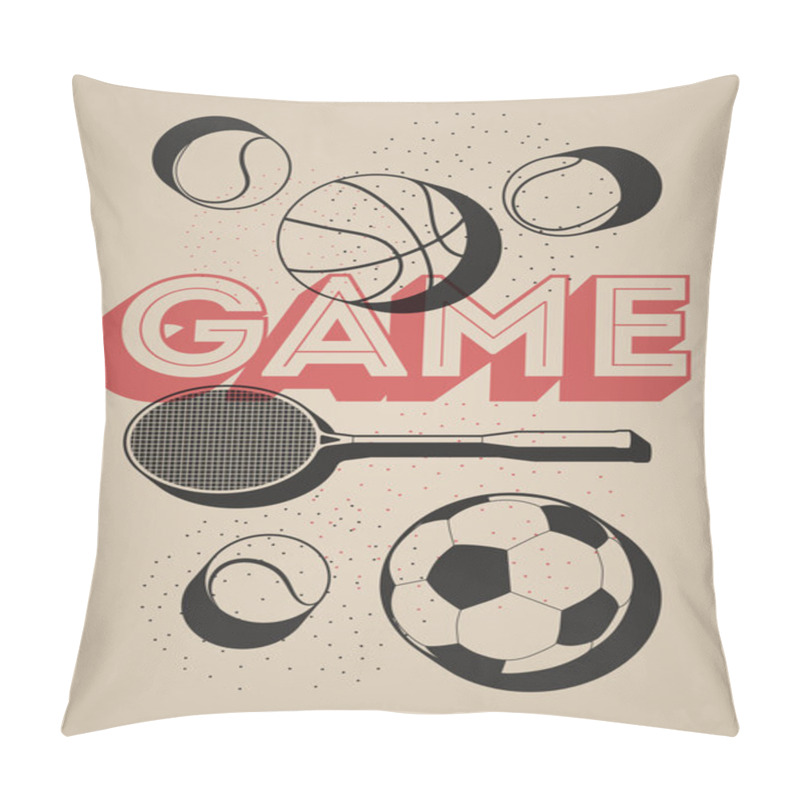 Personality  Vintage Sport Poster With Basketball, Football, Tennis Balls And Racket. Retro Vector Illustration. Pillow Covers