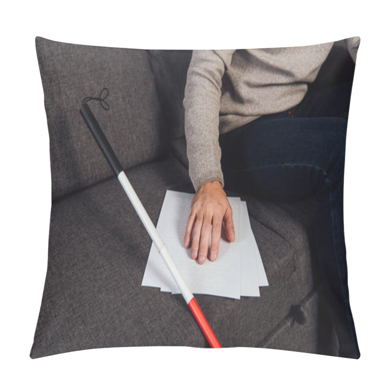 Personality  Cropped View Of Blind Man Reading Braille Font Beside Walking Stick On Sofa  Pillow Covers