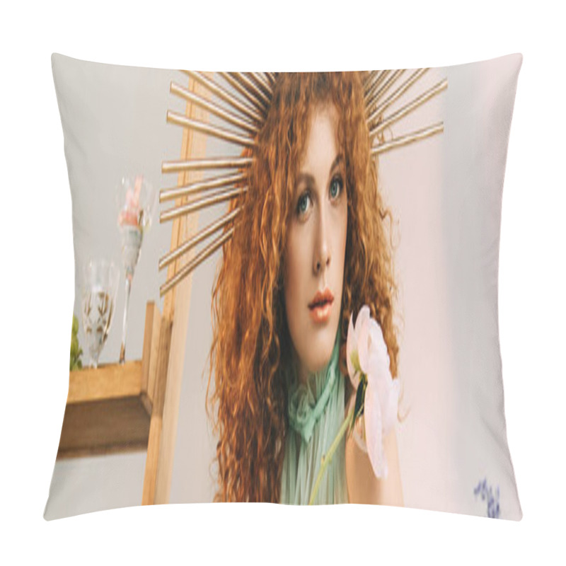 Personality  Panoramic Shot Of Woman With Accessory On Head Posing With Flower Pillow Covers