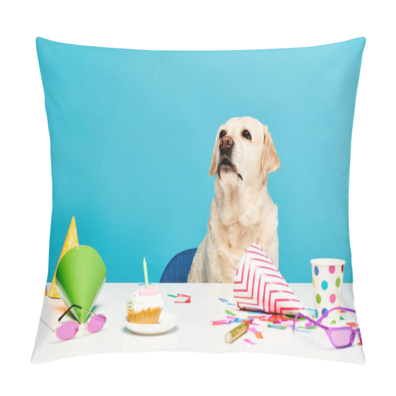 Personality  A Furry Dog Sitting At A Table Adorned With Party Hats, Next To A Delicious Cupcake, Looking Ready To Celebrate. Pillow Covers