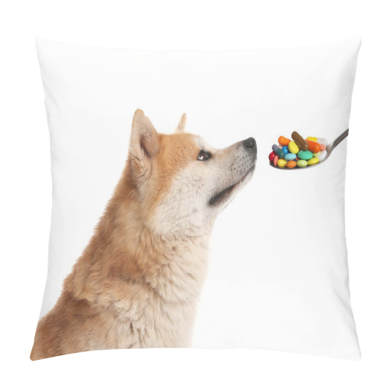 Personality  Cute Akita Inu Dog And Spoon Full Of Different Pills On White Background. Vitamins For Animal  Pillow Covers