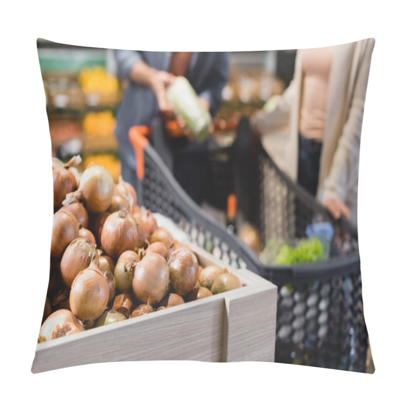 Personality  Cropped View Of Onions Near Couple On Blurred Background In Supermarket  Pillow Covers