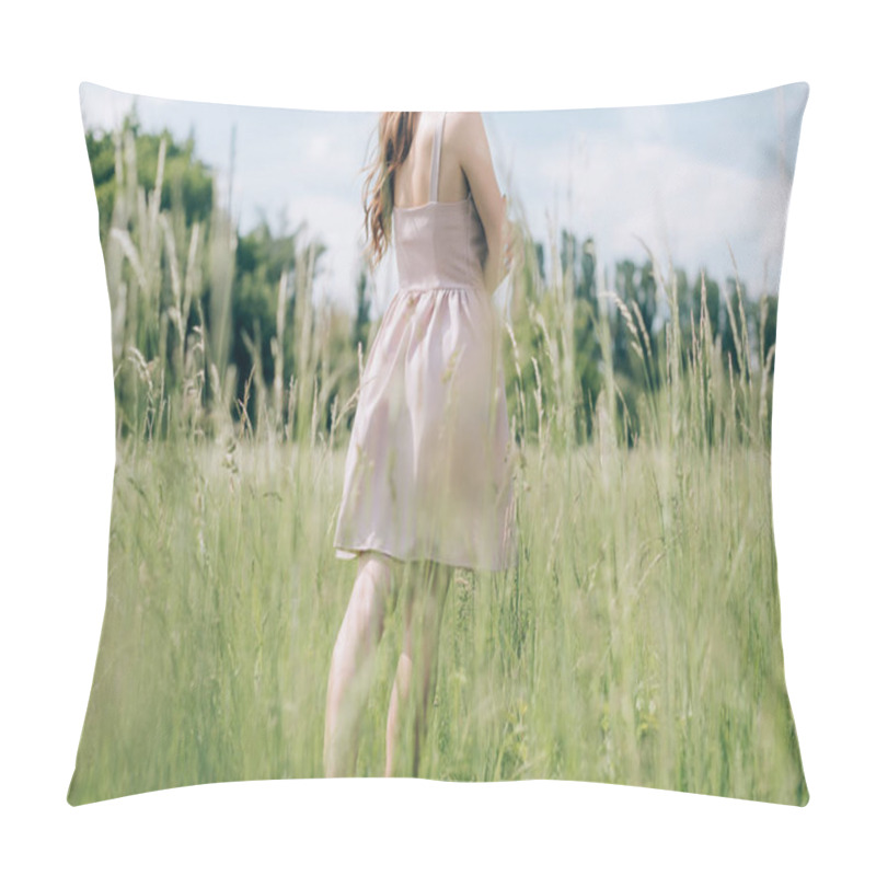 Personality  Partial View Of Woman In Stylish Dress With Long Hair Standing In Meadow Alone Pillow Covers