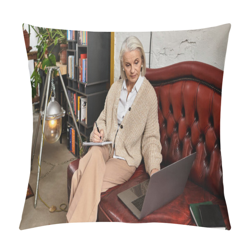 Personality  A Mature Woman With Lovely Gray Hair Relaxes In Her Cozy Living Room, Using Her Laptop. Pillow Covers