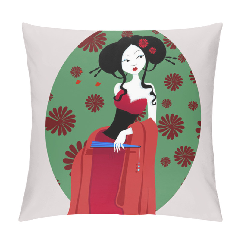 Personality  Illustration Of A Beautiful Geisha In Red Dress. Very Gentle And Passionate. Pillow Covers