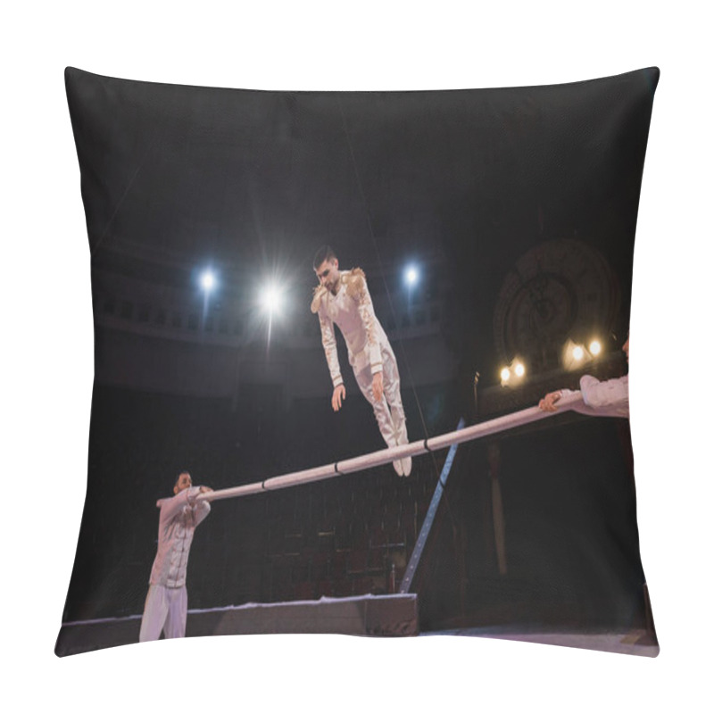 Personality  Handsome Gymnast Exercising On Pole Near Acrobats In Circus Pillow Covers