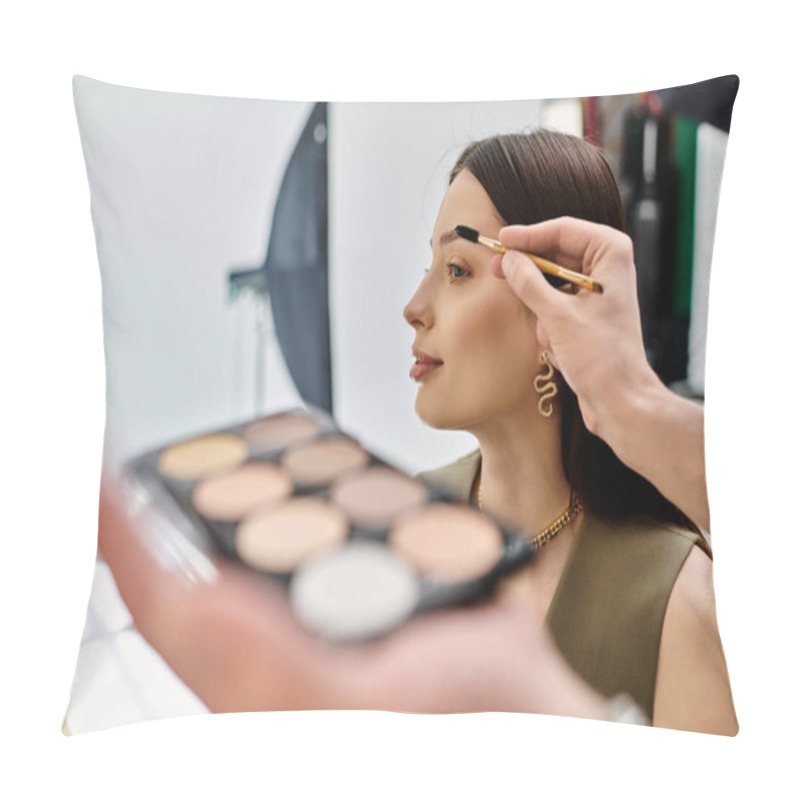 Personality  A Woman Receiving A Makeup Application From A Talented Artist. Pillow Covers