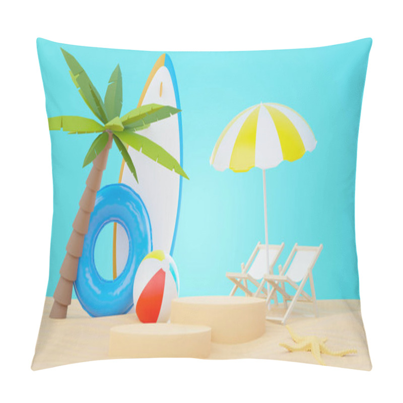 Personality  3d Render Summer Sale Podium Stand For Showing Product. Beach Vacations Scene In Summer For Mock Up. Pillow Covers