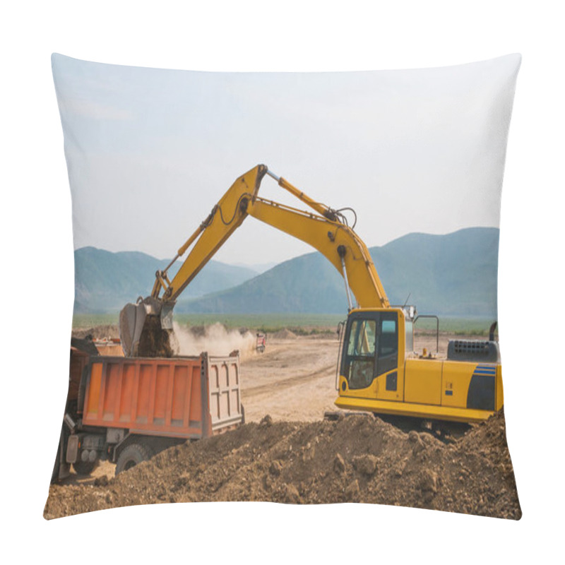 Personality  Excavator Loads Clay Into The Body Of A Dump Truck On A Sunny Summer Day Pillow Covers