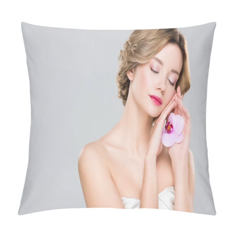 Personality  Young Tender Woman With Closed Eyes Holding Purple Orchid Isolated On Grey Pillow Covers