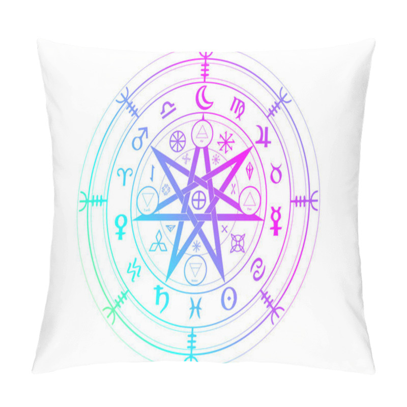 Personality  Wiccan Symbol Of Protection. Set Of Mandala Witches Runes, Mystic Wicca Divination. Ancient Occult Symbols, Earth Zodiac Wheel Of The Year Wicca Astrological Signs, Colorful Vector Isolated On White Pillow Covers