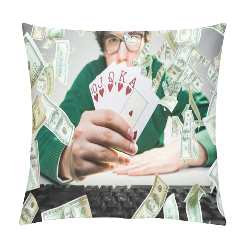 Personality  Young Man Holding Royal Flash Poker Cards With Keyboard On Table And Abstract Dollar Bill Rain. Gambling Concept Pillow Covers