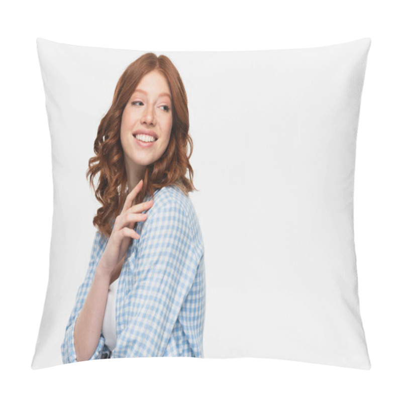 Personality  Happy Redhead Young Woman In Blue Checkered Shirt Looking Away Isolated On White Pillow Covers