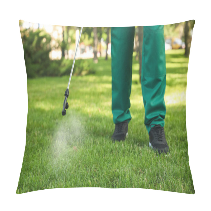 Personality  Worker Spraying Pesticide Onto Green Lawn Outdoors, Closeup. Pest Control Pillow Covers