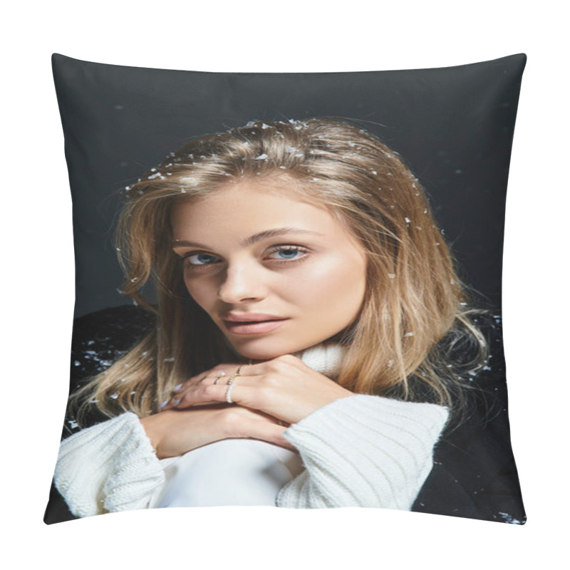 Personality  This Captivating Winter Portrait Features A Woman Embracing Snowflakes While Posing Warmly. Pillow Covers