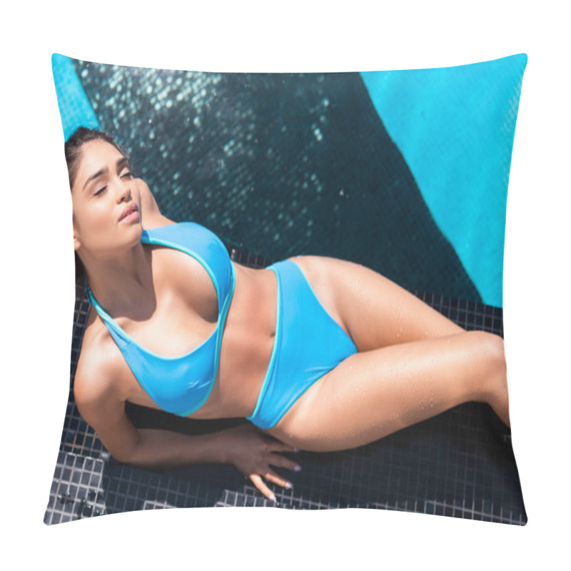 Personality  Top View Of Beautiful Woman In Bikini Sunbathing At Swimming Pool Pillow Covers