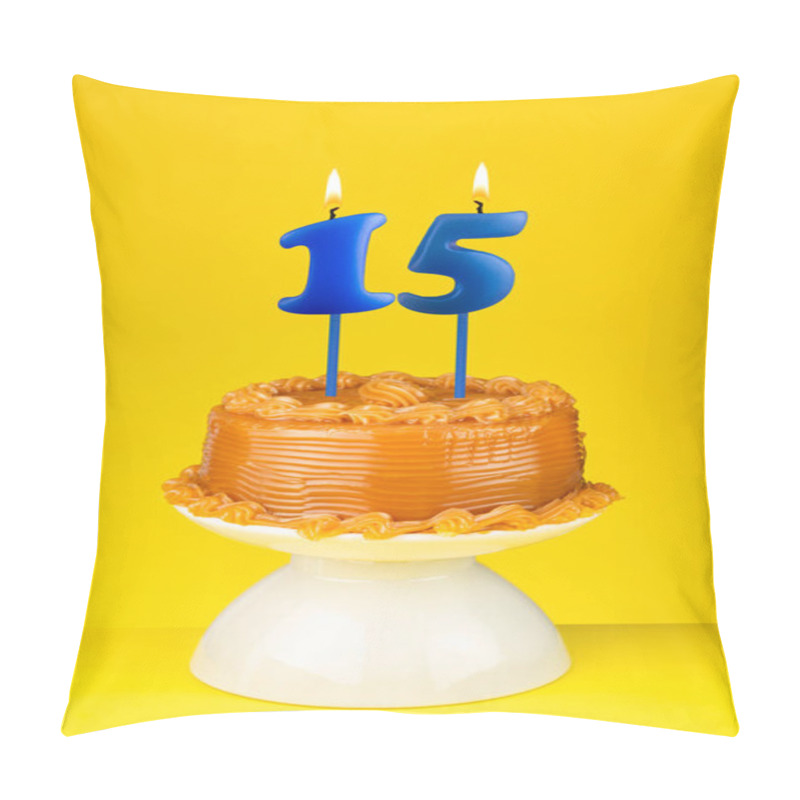 Personality  Happy Birthday Cake With Number 15 Candle - Card On A Yellow Background. Pillow Covers