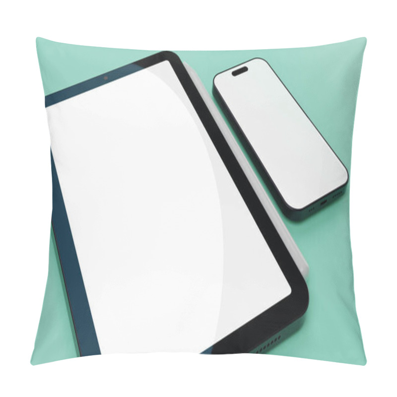 Personality  Tablet And Smartphone With Empty Green Screen Display On Surface. High Quality Photo Pillow Covers