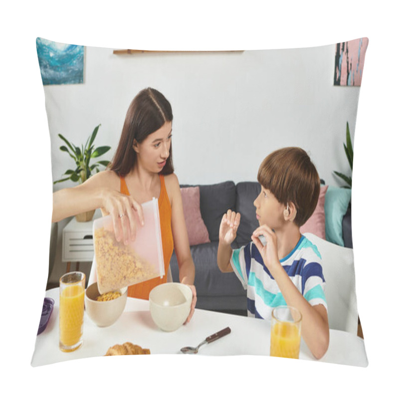 Personality  A Caring Mother Interacts With Her Hearing Impaired Son While Preparing Breakfast Together. Pillow Covers