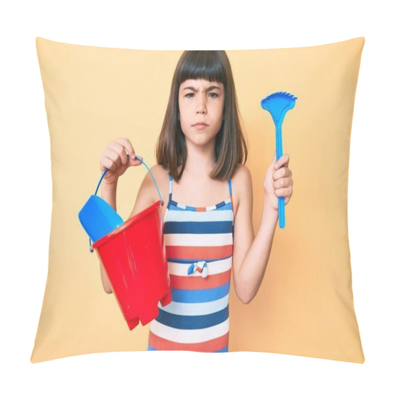 Personality  Young Little Girl With Bang Playing With Summer Shovel And Bucket Toys Skeptic And Nervous, Frowning Upset Because Of Problem. Negative Person.  Pillow Covers