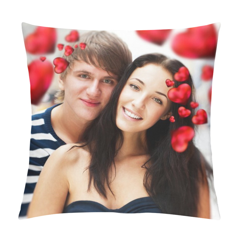 Personality  Close-up Of Young Couple Embracing And Very Happy To Be Together. Valentine Concept. Red Hearts Are Flying Around Them Pillow Covers