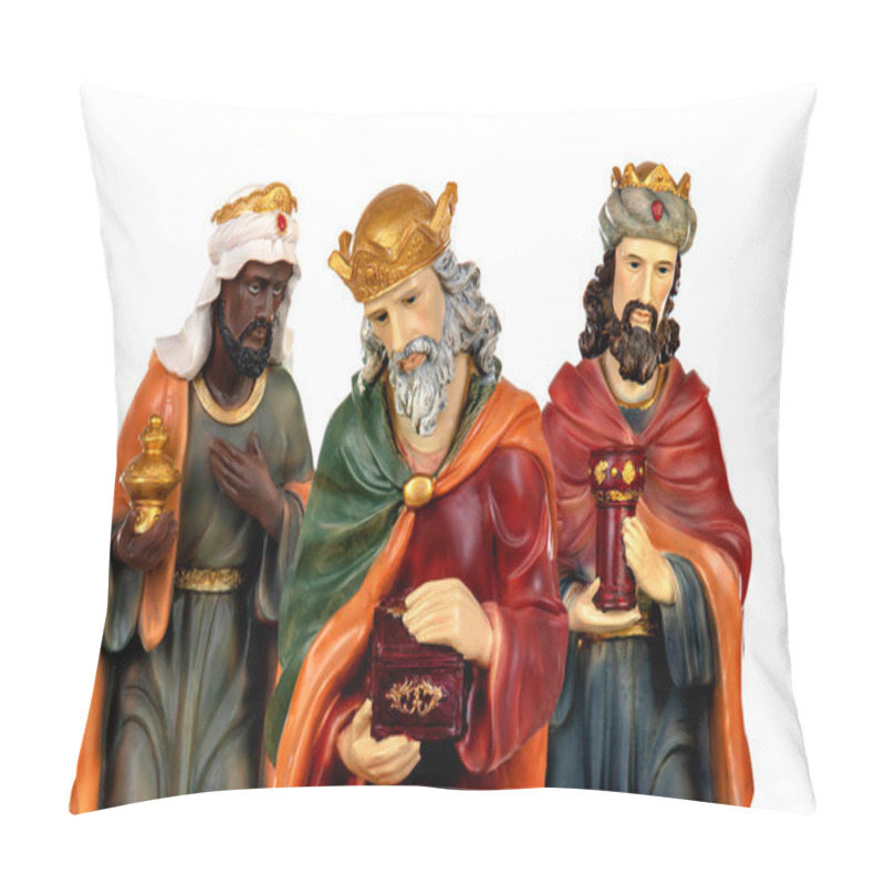 Personality  The Three Wise Men And Baby Jesus. Ceramic Figures Isolated On White Background Pillow Covers