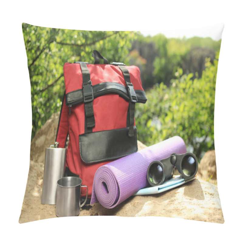 Personality  Modern Backpack And Camping Equipment On Large Rock In Wilderness Pillow Covers