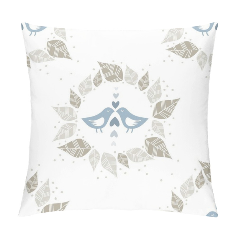 Personality  Little Blue Birds In Love With Hearts Dots And Leaves Wreath Seamless Pattern Isolated On White Pillow Covers