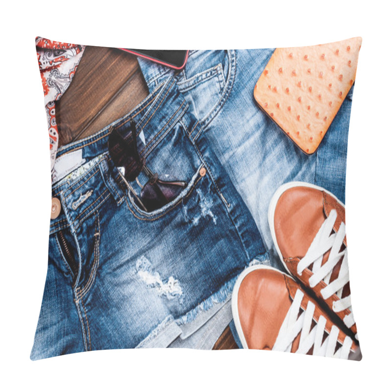 Personality  Jeans And Accessories On Wooden Boards Pillow Covers