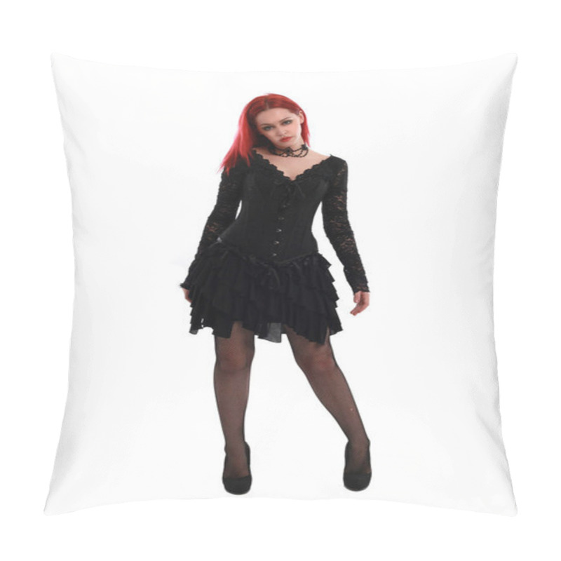 Personality  Full Length Portrait Of A  Red Haired Girl Wearing A  Black Gothic Gown, Standing Pose On A Grey Studio Background. Pillow Covers