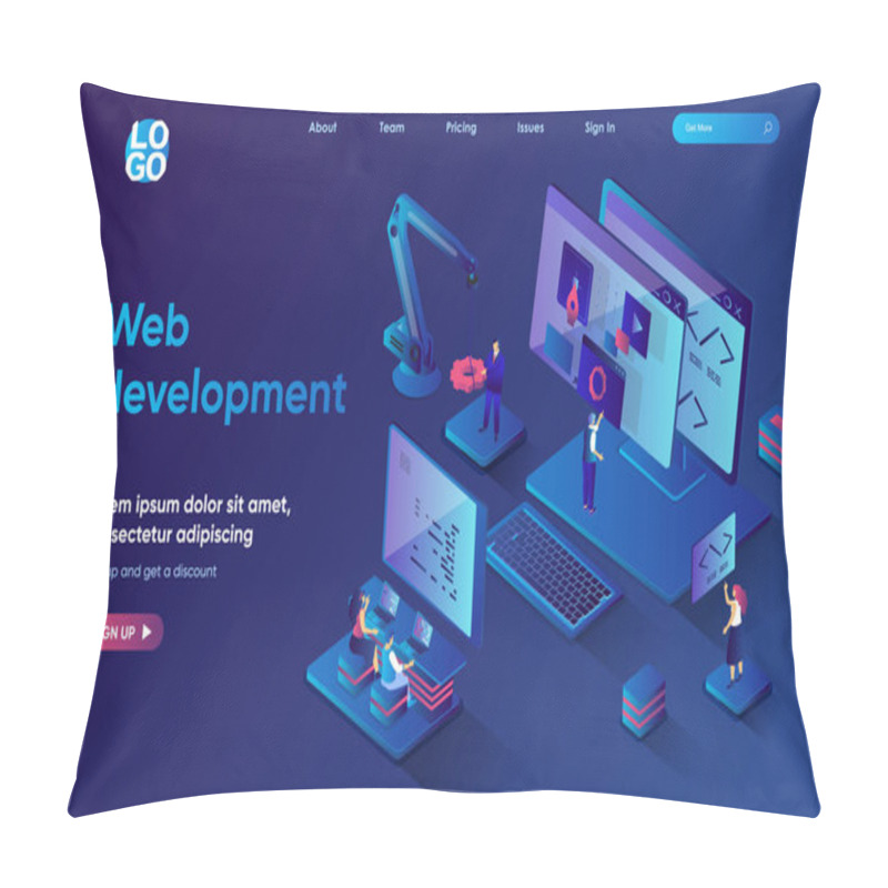 Personality  Web Development Concept Isometric Landing Page. Team Develops And Optimizes Layout Of Site, Works With Code Of Webpage, 3d Web Banner Template. Vector Illustration With People Scene In Flat Design Pillow Covers