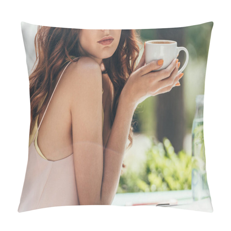 Personality  Partial View Of Woman Holding Cup Of Coffee In Hands In Cafe Pillow Covers