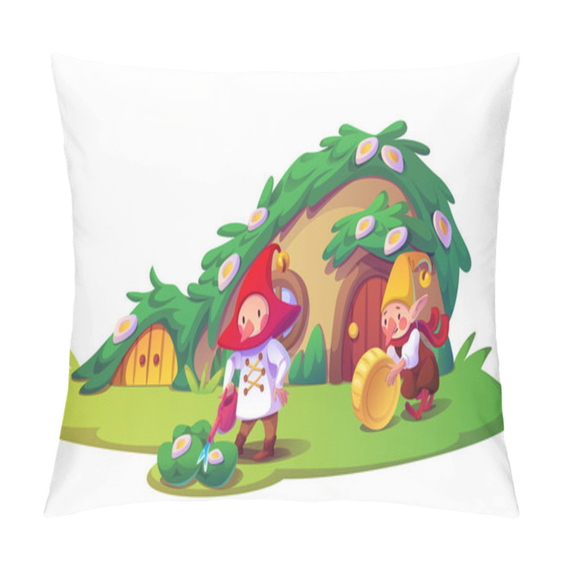 Personality  Miniature Gnomes In Garden Near Magical House Covered In Flowering Vines. Cute Cartoon Dwarf Waters Blooming Plants, Rolls Golden Coin. Fairytale Cottage With Wooden Doors Beneath Foliage Canopy. Pillow Covers