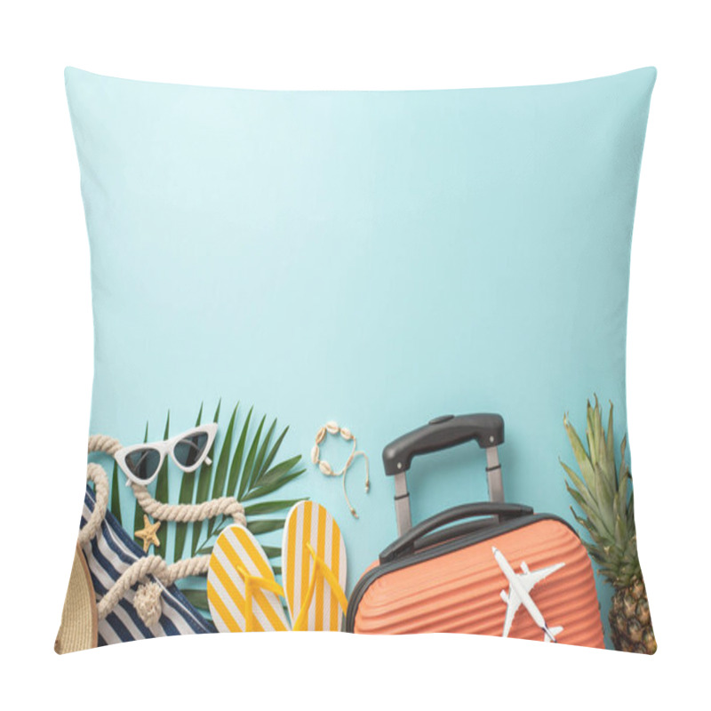 Personality  Summer Holiday Vibes! Top View Of Suitcase, Mini Plane Figurine, Beach Accessories, Glasses, Sunhat, Bag, Flip-flops, Shell Bracelet, Ananas, Palm Leaves, Light Blue Backdrop, With Empty Space For Ad Pillow Covers