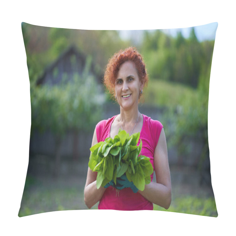 Personality  Woman Farmer Harvesting Fresh Orache (Atriplex Hortensis), Aka French Spinach From The Garden Pillow Covers