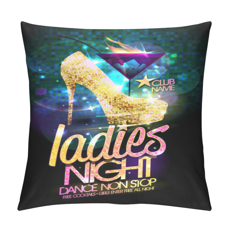 Personality  Ladies Night Vector Illustration With Gold High Heeled Shoes And Burning Cocktail. Pillow Covers