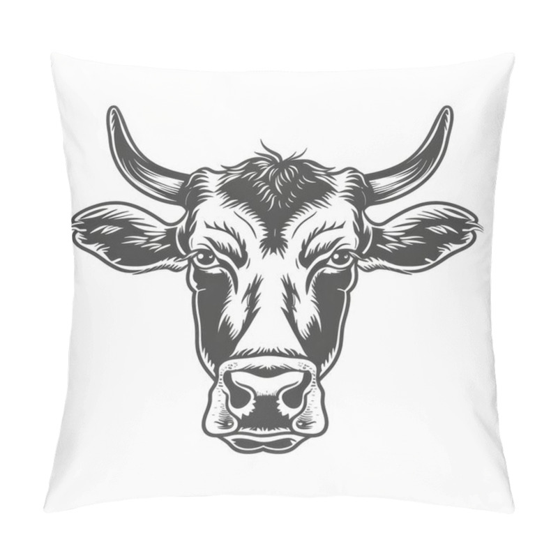 Personality  Stylized Black And White Illustration Of A Cow's Head With Detailed Features. Pillow Covers