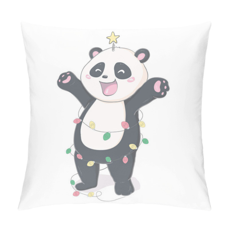 Personality  Cute Cartoon Panda With A Red Christmas Hat On A White Background. Vector Illustration Pillow Covers