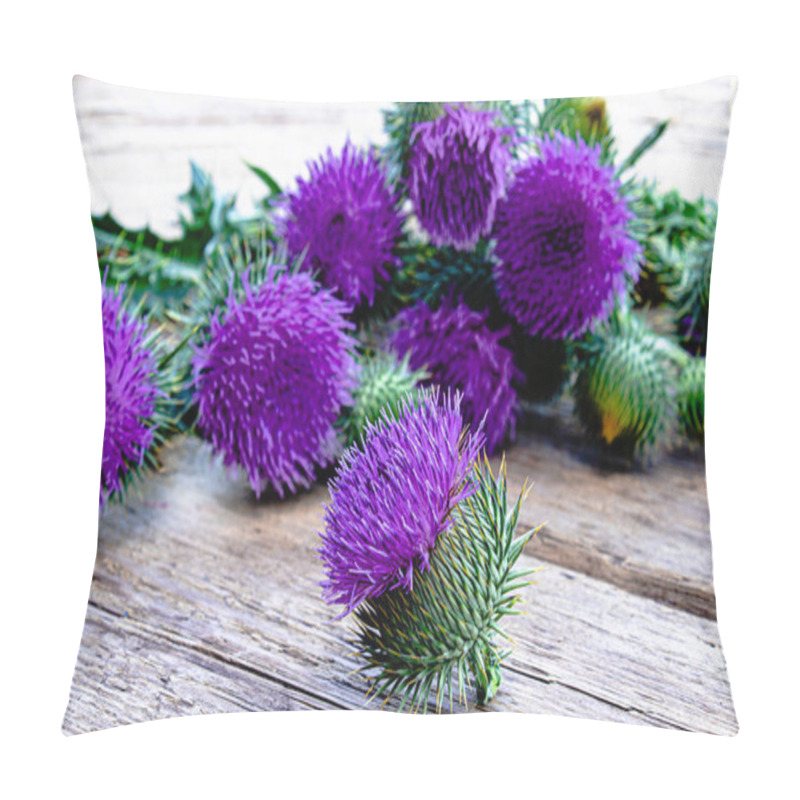 Personality  Medicinal Plant Thistle On Wooden Background. Thistle Flowers. Pillow Covers