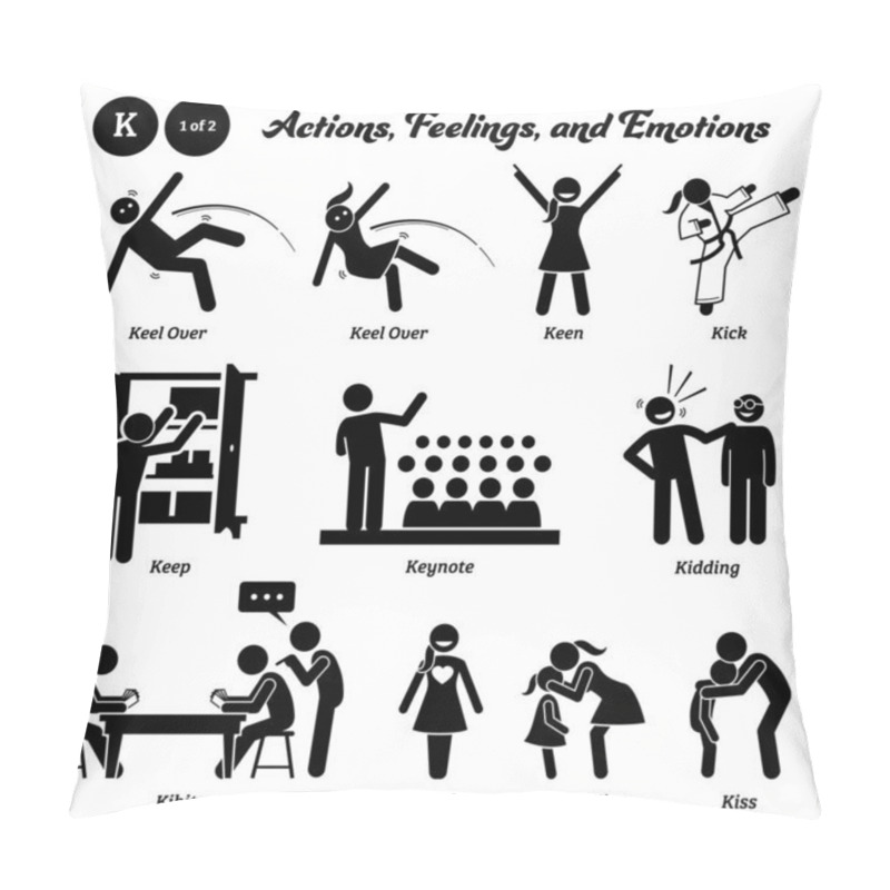 Personality  Stick Figure Human People Man Action, Feelings, And Emotions Icons Alphabet K. Keel Over, Keen, Kick, Keep, Keynote, Kidding, Kibitz, Kind, And Kiss.  Pillow Covers