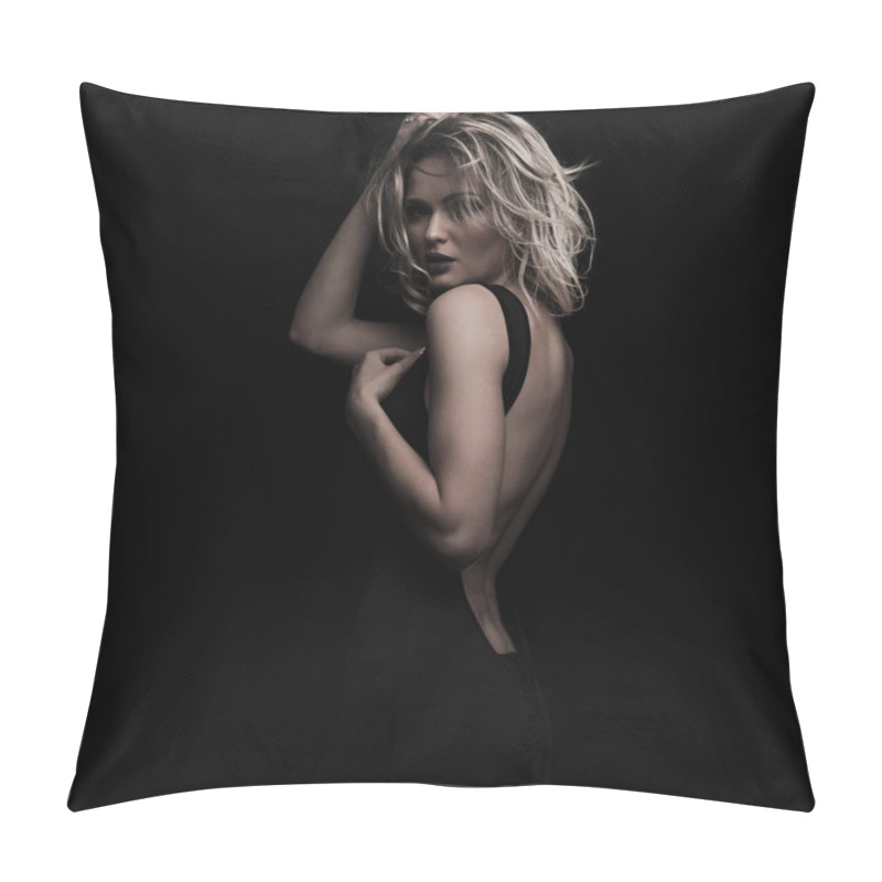 Personality  Side View Of Beautiful Woman Posing In Backless Dress Pillow Covers