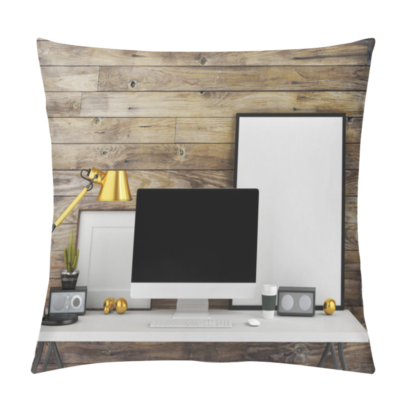 Personality  Mock Up Work Space, Wooden Wall Background, 3d Illustration Pillow Covers