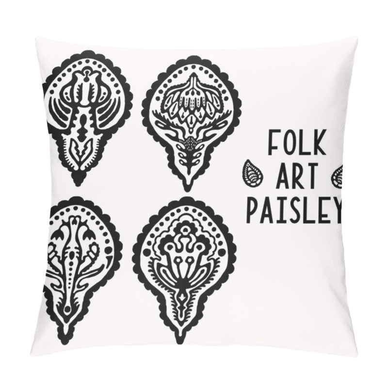 Personality  Ornamental Paisley Folk Art Elements For Design Set. Hand Drawn Linocut Block Print Style. Black Folkloric Clip Art Decor Icon Collection. Decorative Flourish Motif. Arabesque Tattoo Symbol Shape.  Pillow Covers