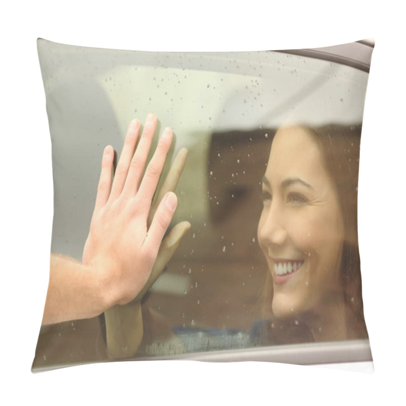 Personality  Happy Couple Or Friends Saying Good Bye Touching Hands Through A Car Window Before Travel Pillow Covers