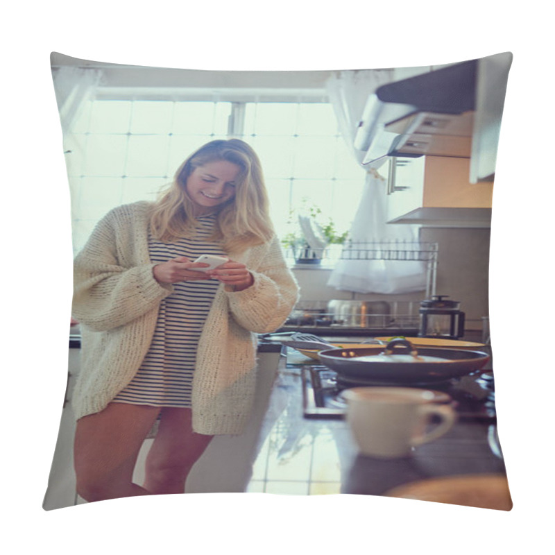 Personality  Lunch Is Ready, Where Are You. Cropped Shot Of An Attractive Young Woman Texting On A Cellphone While Cooking In Her Kitchen. Pillow Covers