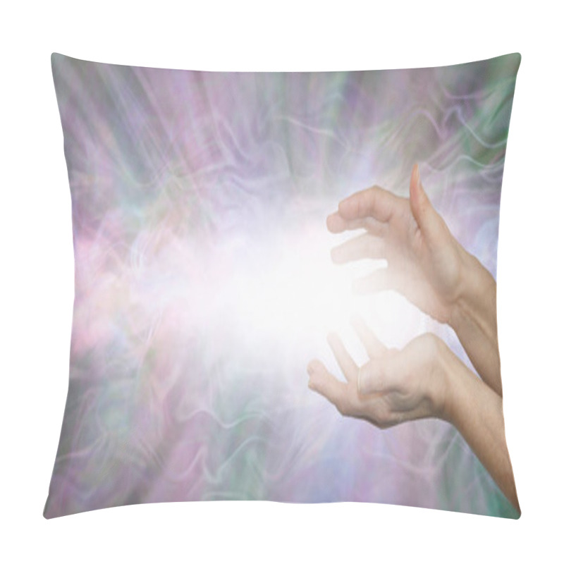 Personality  Energy Flows Where Your Attention Goes - Parallel Female Hands With An Awesome Stream Of White  Energy Flowing Out On A Dusky Pink Green Grey Background With Copy Space Pillow Covers