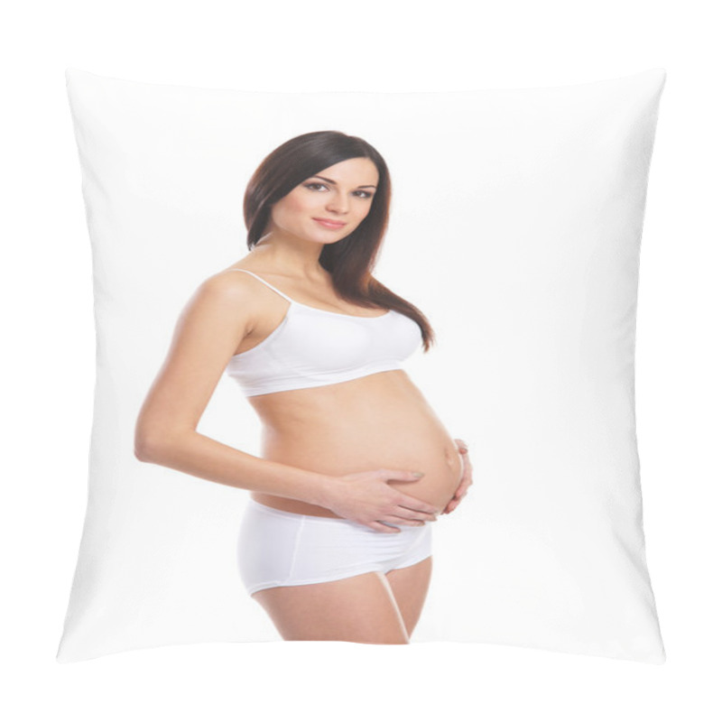 Personality  Young Attractive Pregnant Woman With The Beautiful Belly Over White Background Pillow Covers