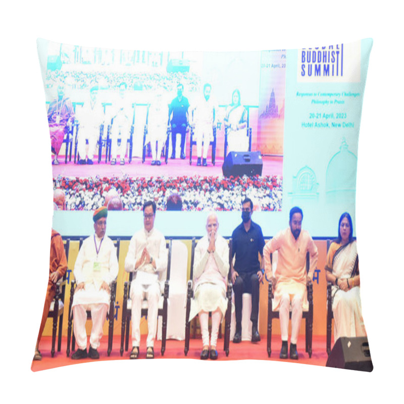 Personality  NEW DELHI INDIA APRIL 20 2023 Prime Minister Narendra Modi Along With Union Minister For Law And Justice Kiren Rijiju Minister Of State For Culture And Parliamentary Affairs Arjun Ram Meghwal And Secretary General IBC Ven Dr Dhammapiya  Pillow Covers