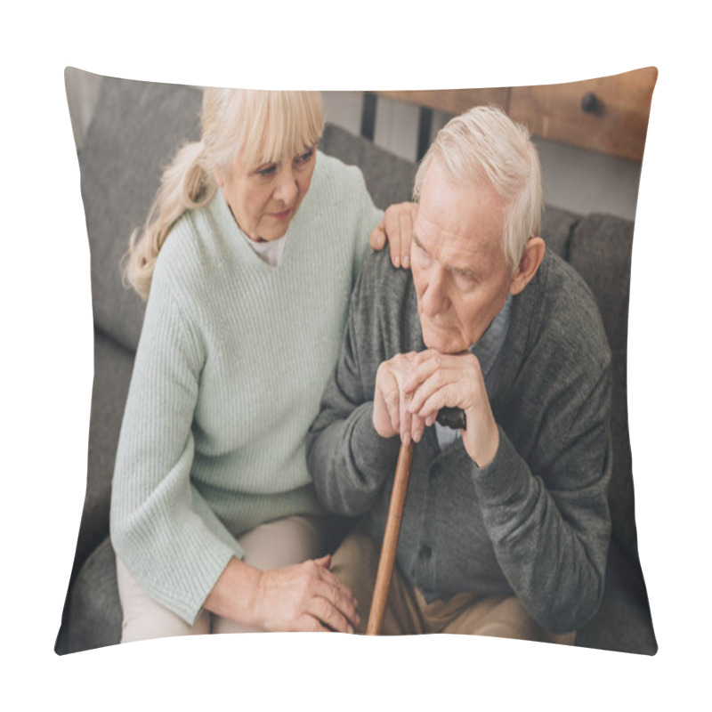 Personality  Supportive Senior Wife Sitting Near Sad Retired Husband With Walking Cane  Pillow Covers